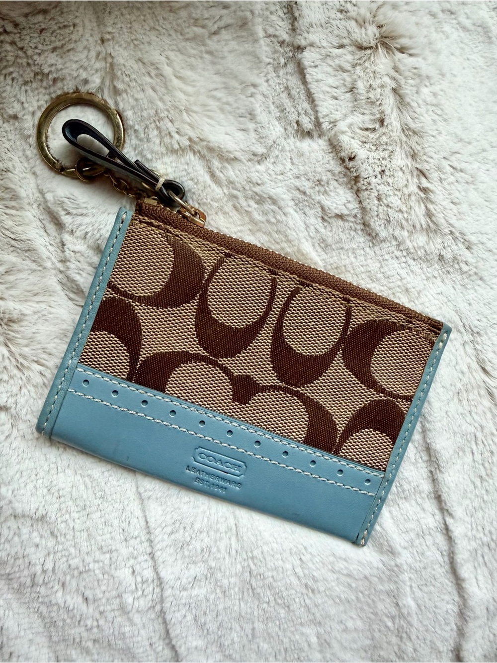 Coach Light Blue and Beige Signature Canvas Key & Cardholder with Chain